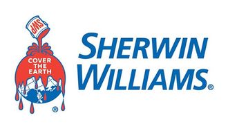 The logo for sherwin williams shows a can of paint pouring into a globe.