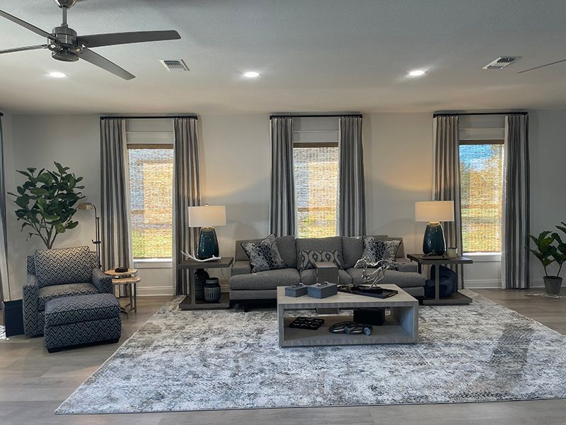 Modern living room with gray furniture, large windows, a rug, coffee table, lamps, and potted plants