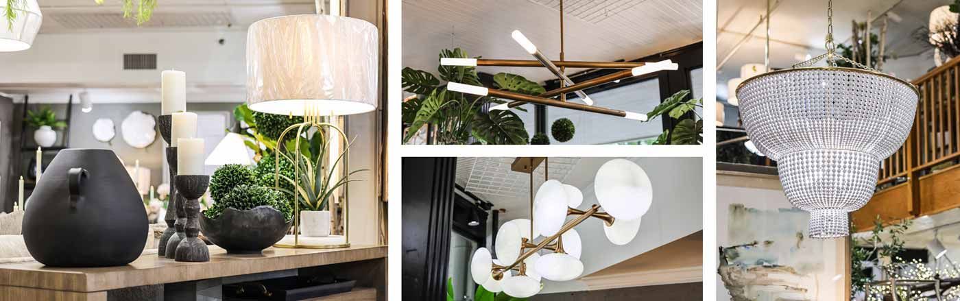 Collage of modern pendant lights and chandeliers in white and black interiors