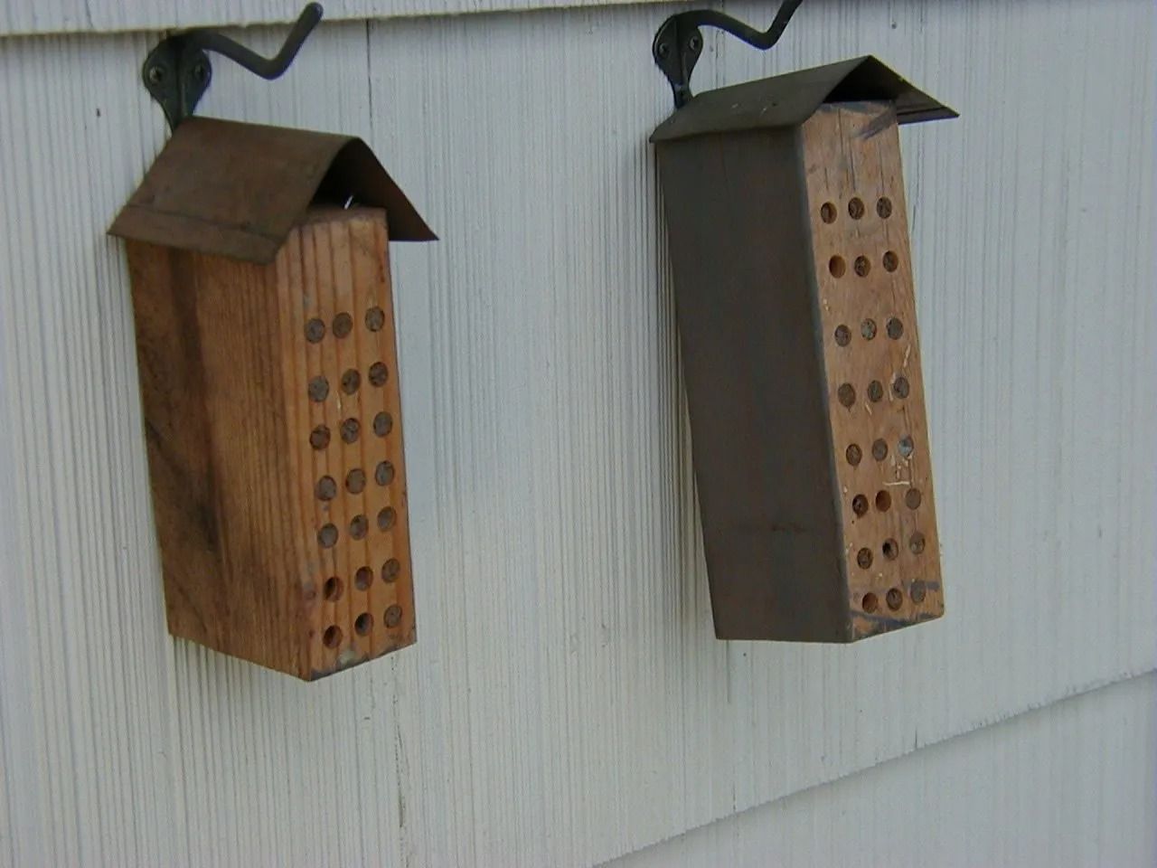 Two bee houses with brown wooden bodies, attached to a white wall by black hooks.