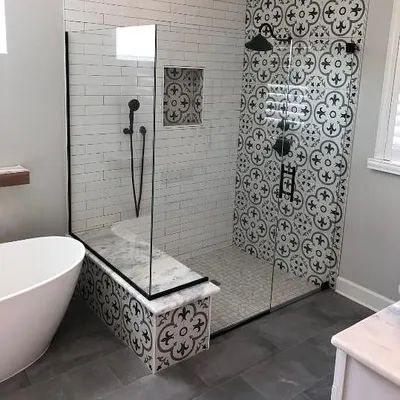 Modern bathroom with patterned tile shower, glass partition, and freestanding tub