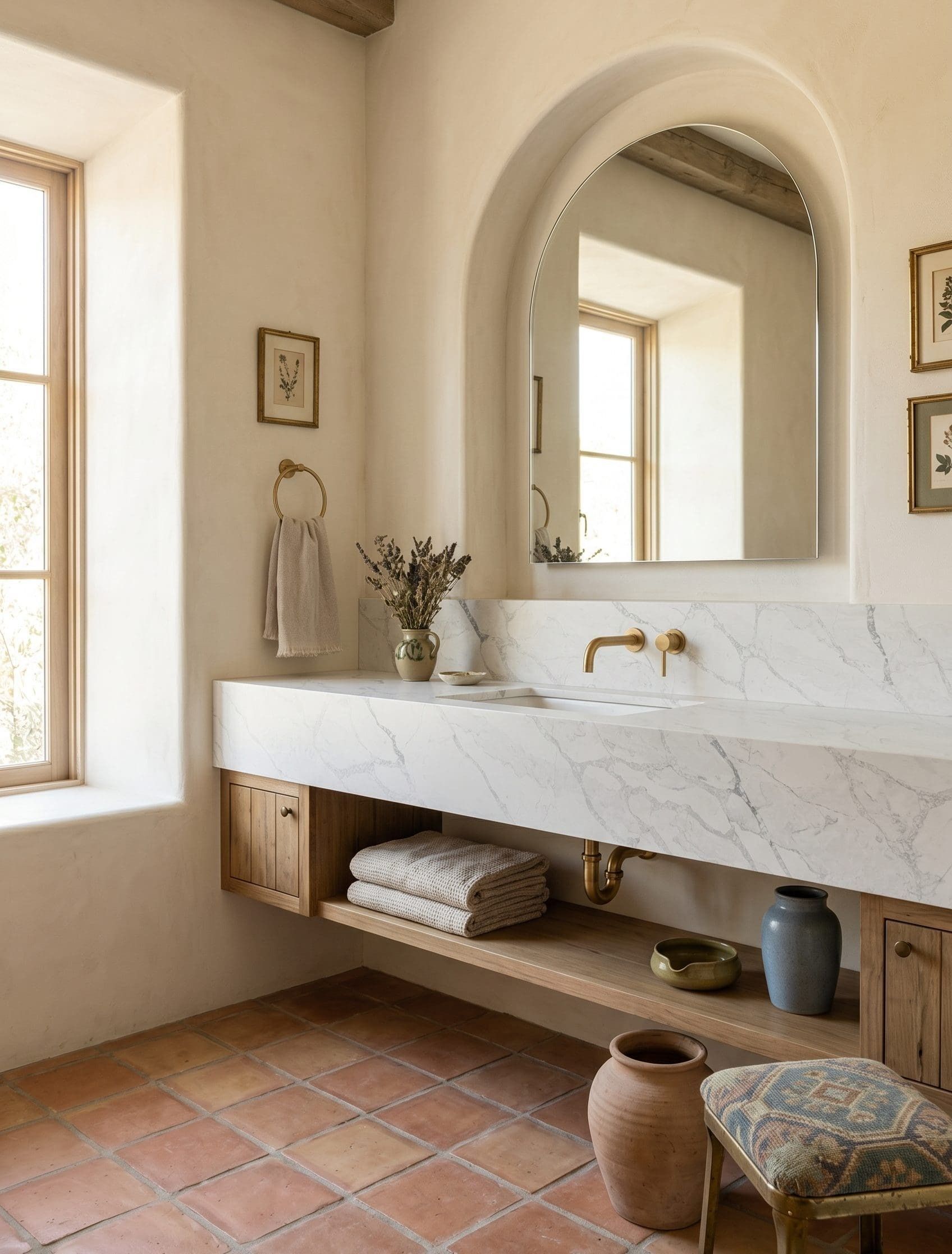 Bright bathroom with marble vanity, arched mirror, terracotta floor, and woven stool by the window.