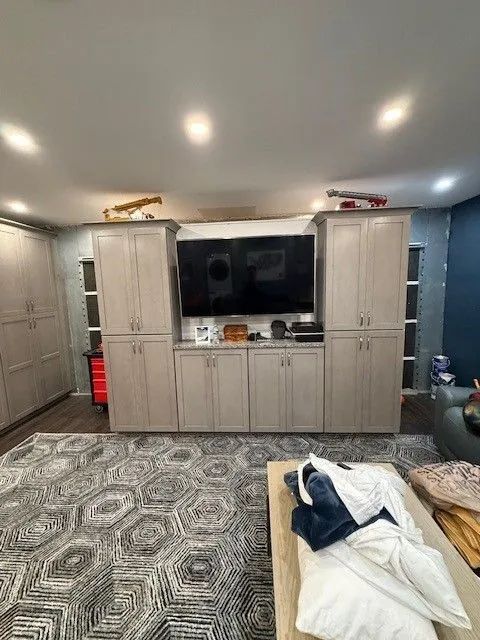 Living room media wall with built-in cabinets, TV, recessed lights, and a patterned rug.