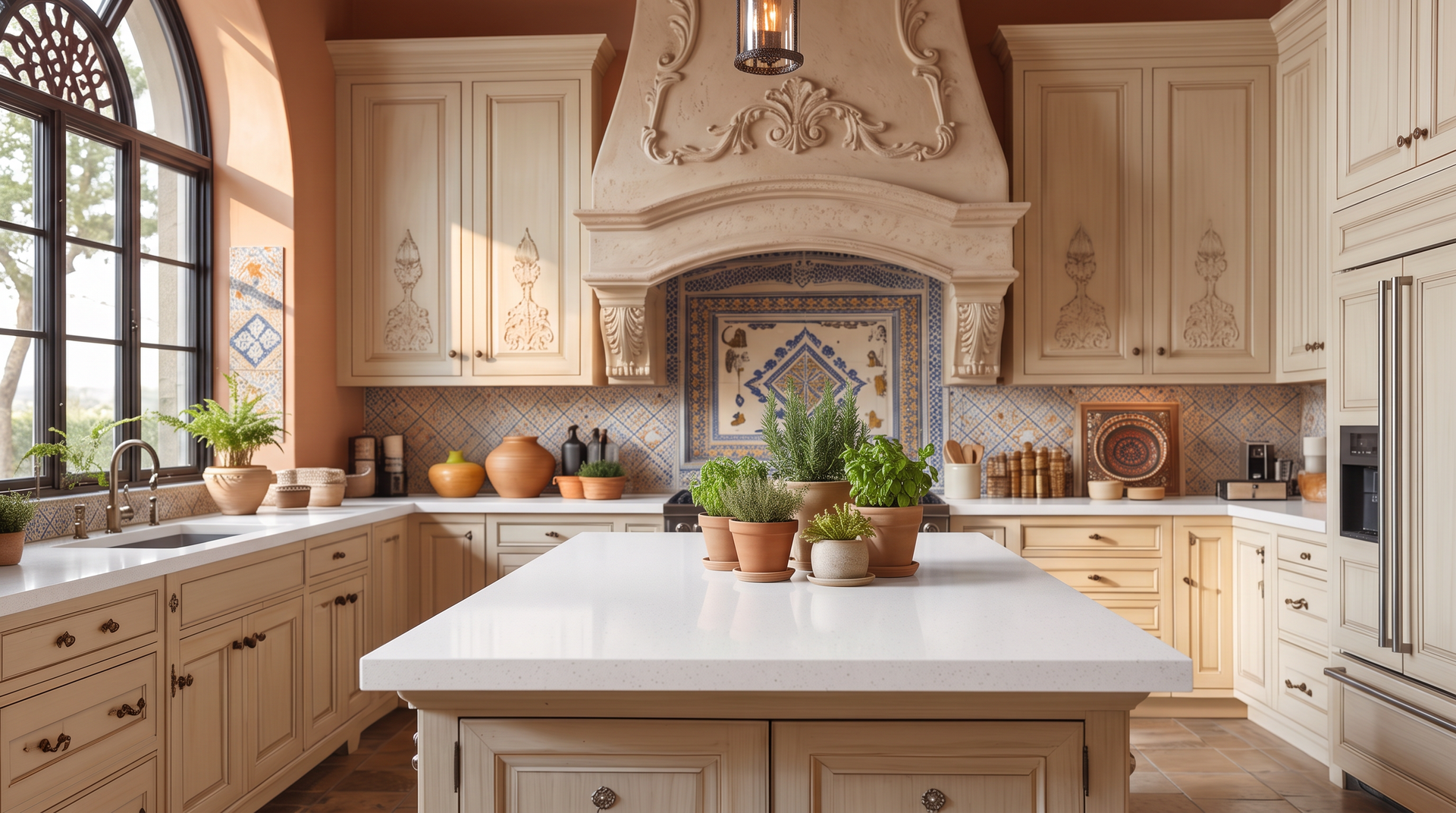 Bright cream kitchen with large island, ornate range hood, arched window, and potted herbs.