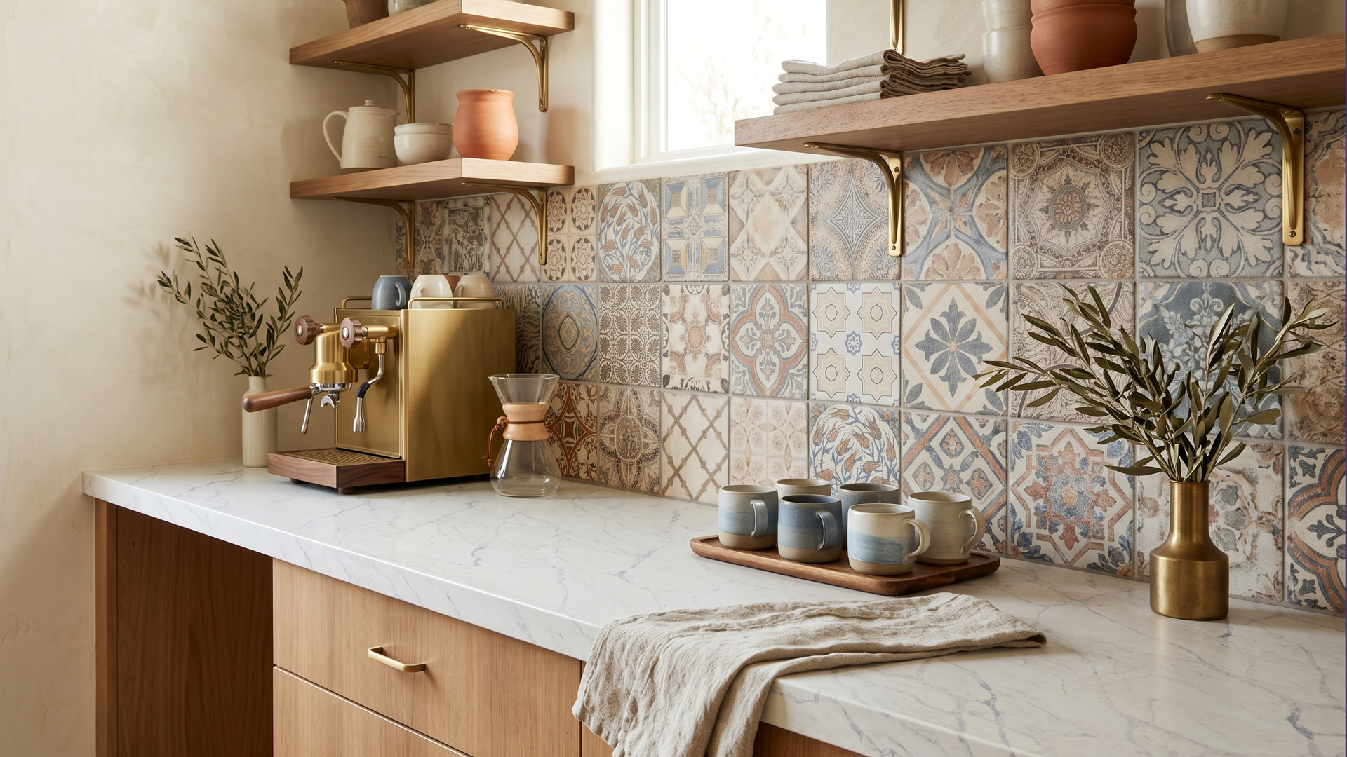 Cozy kitchen counter with coffee maker, patterned tile backsplash, shelves, and wood cabinets