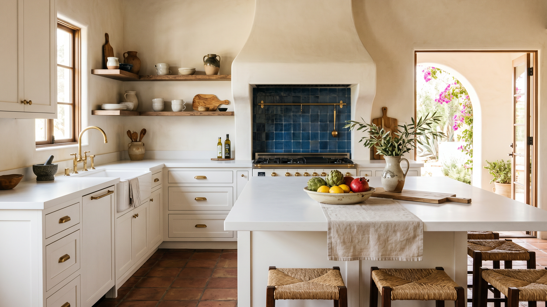 Bright kitchen with white cabinets, a large island, and a blue-tiled fireplace beside an open garden doorway.