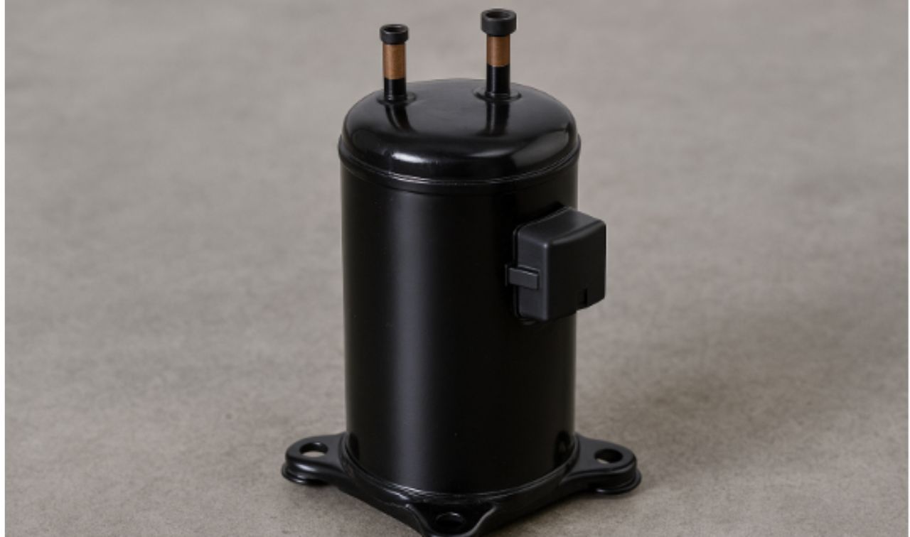 A black, cylindrical air conditioning compressor standing on a base with four mounting holes, featuring two top nozzles.
