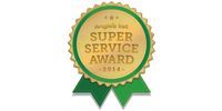 Gold and green ribbon badge reading “Super Service Award” on a white background.