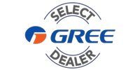 Gree Select Dealer logo with blue and orange emblem and gray circular text on white background.
