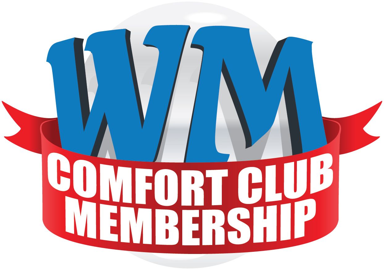 WM Comfort Club Membership logo in blue, white, and red with bold 3D lettering.