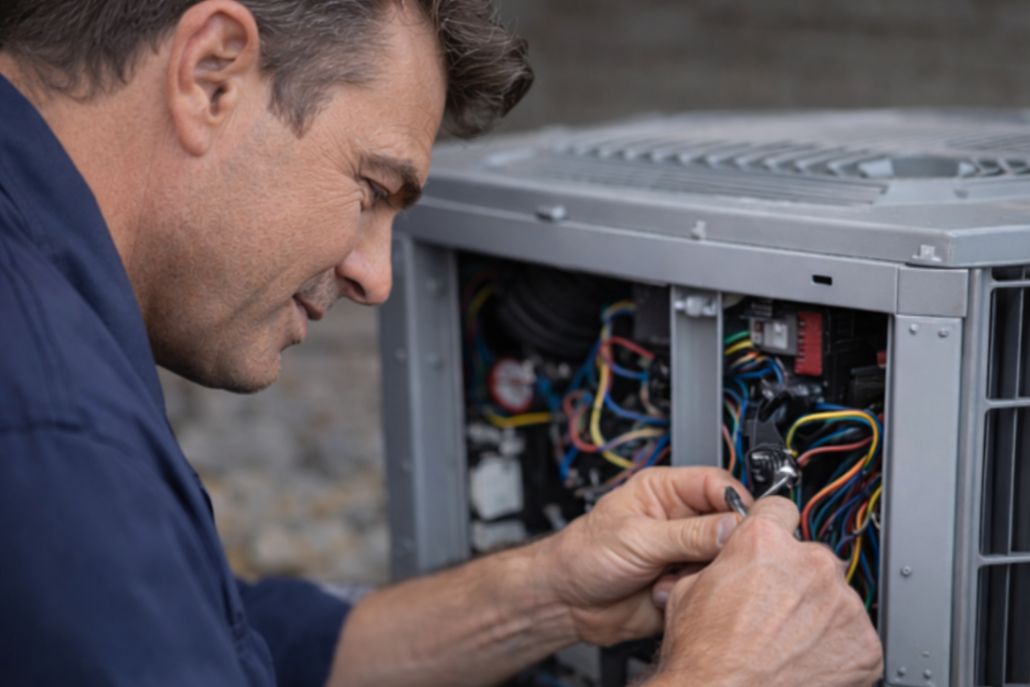 A technician in a blue uniform repairing the electrical wiring of an outdoor HVAC unit.