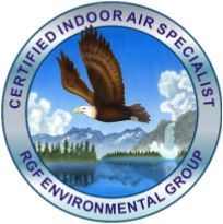 RGE Environmental Group Certified Indoor Air Specialist logo with eagle over mountains and clouds.