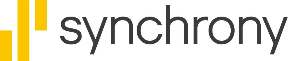 Synchrony logo with yellow vertical bars and gray wordmark.