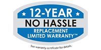 Blue and white badge reading “12-Year No Hassle Replacement Limited Warranty”.