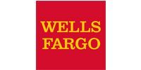Wells Fargo logo in yellow text on a red square background.