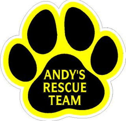 Black paw print logo with yellow outline reading “ANDY’S RESCUE TEAM” in the center