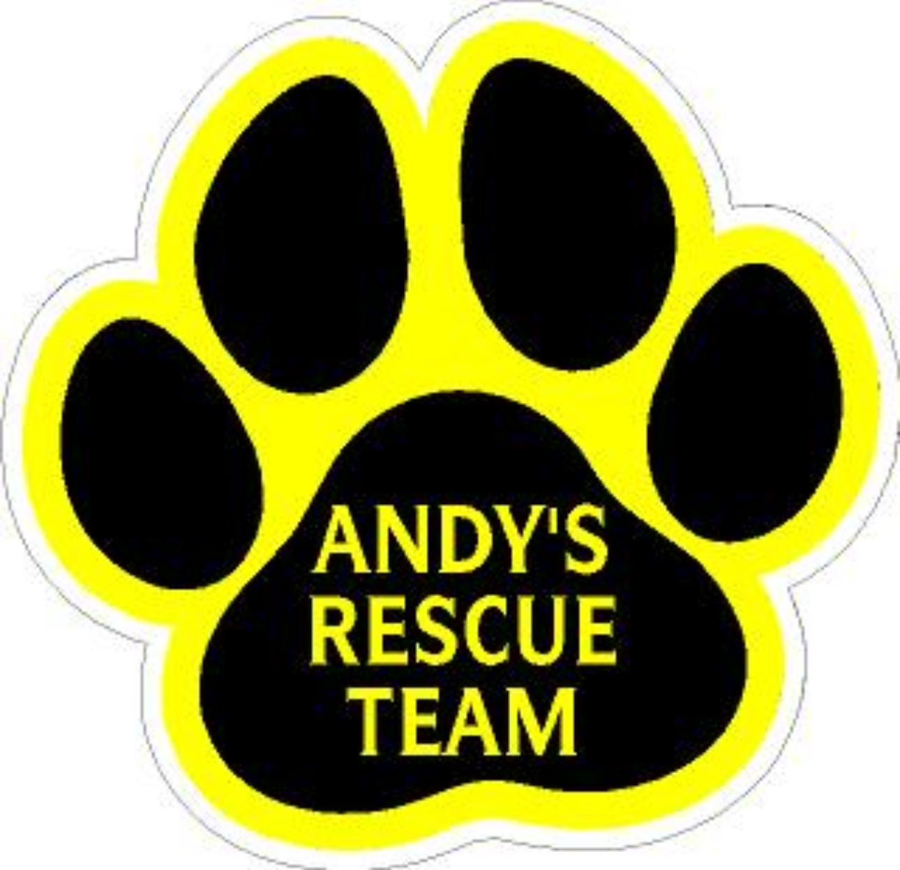 Yellow and black paw print with Andy's Rescue Team text.