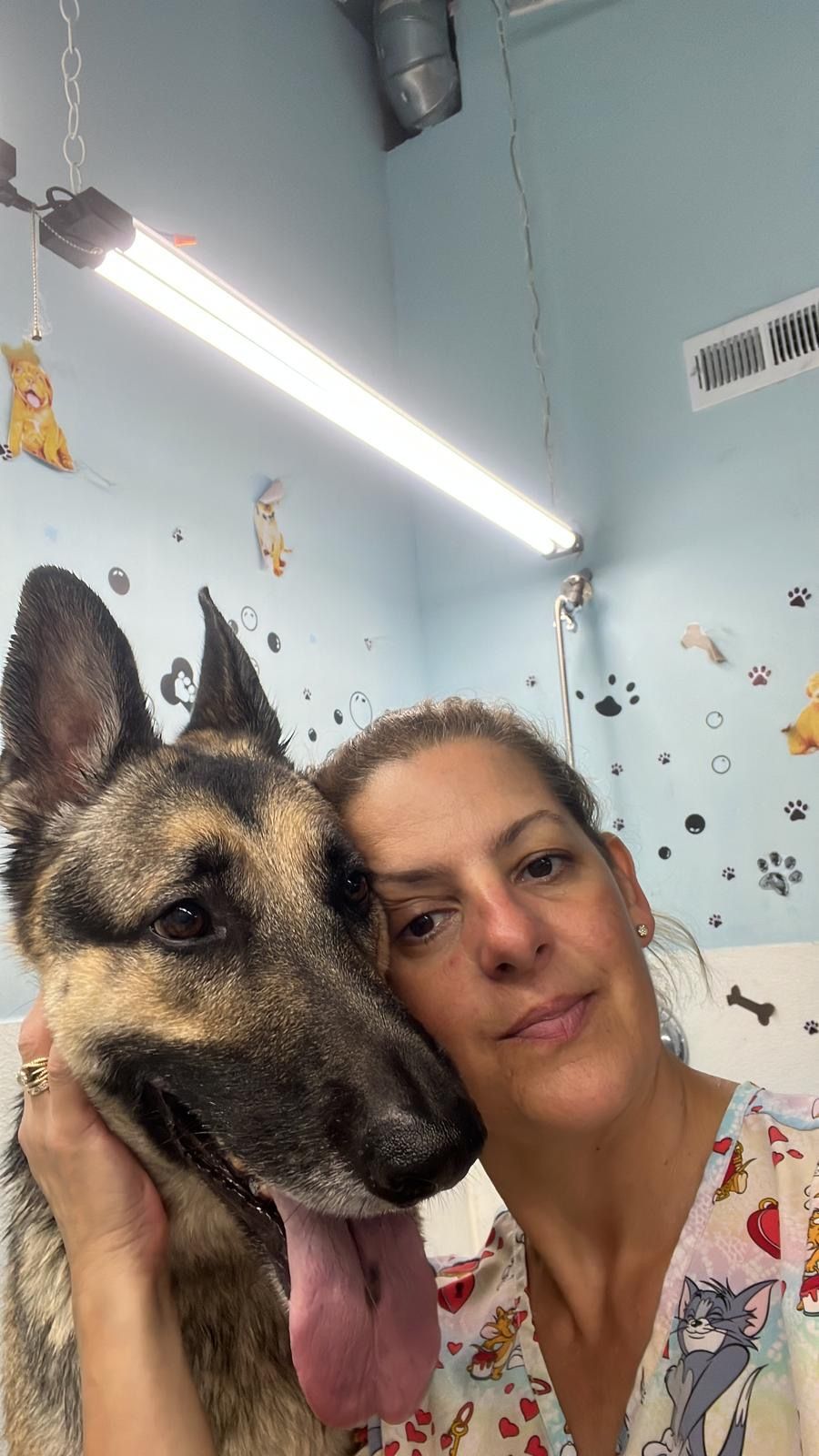 Woman and German Shepherd dog in a grooming salon, woman smiles, dog's tongue out, light blue walls with paw prints and decorations.