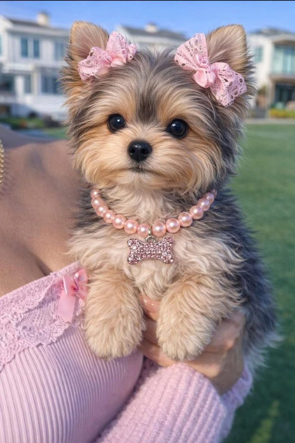 Small Yorkie puppy with pink bows and pearl collar, held outdoors.