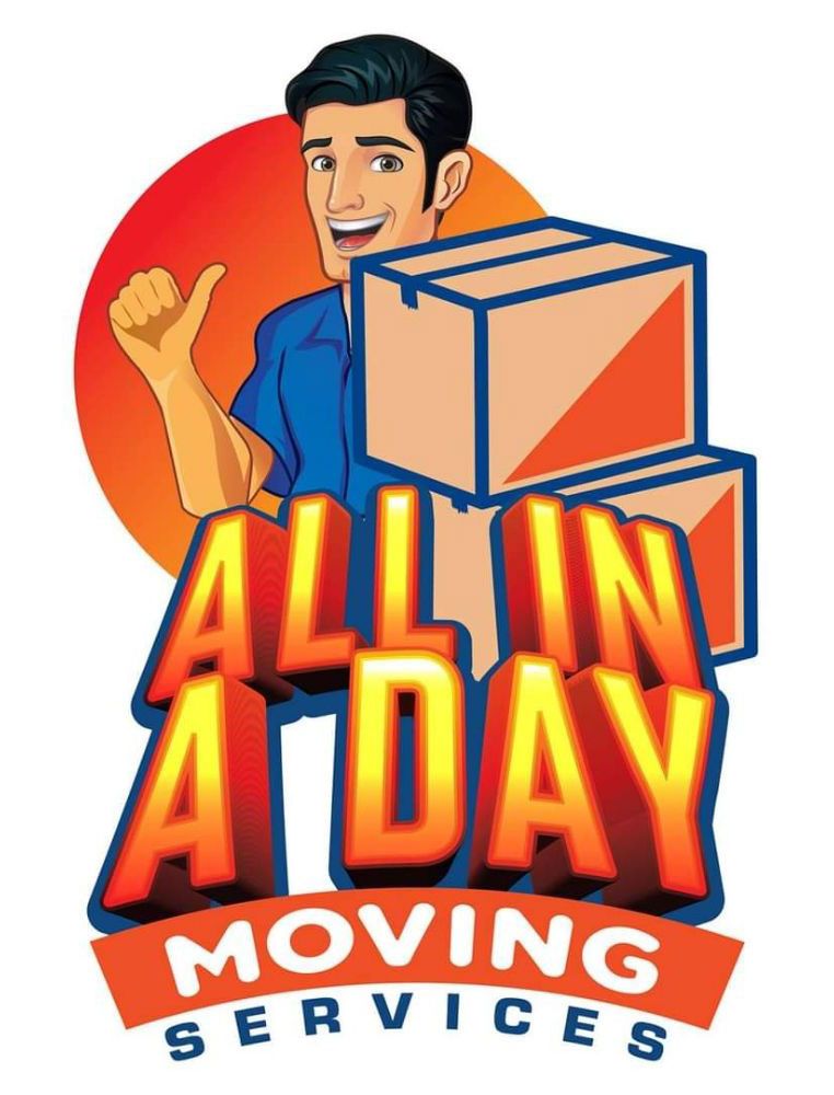 A cartoon mascot gives a thumbs-up next to stacked boxes above the orange-and-yellow text "ALL IN A DAY MOVING SERVICES."