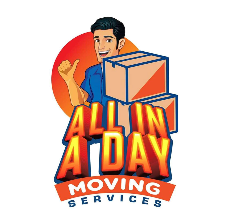 Logo for All In A Day Moving Services featuring a person smiling and giving a thumbs up beside a stack of moving boxes.