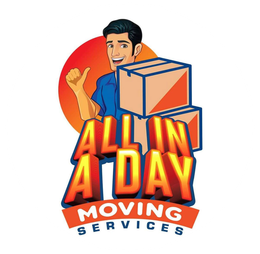 Logo for All In A Day Moving Services featuring a person smiling and giving a thumbs up beside a stack of moving boxes.