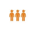 Three orange icons of people wearing caps, standing in a row against a white background.