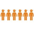 Six identical orange icons of standing people wearing baseball caps, arranged in a horizontal row.