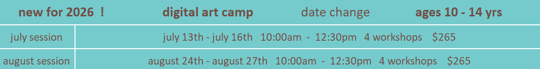 Table about digital art camps for 2026, ages 10-14, on a teal background.