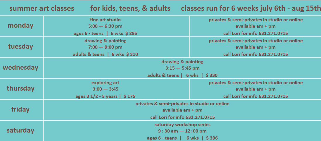 Summer art class schedule for kids, teens & adults. Classes are 6 weeks long. Includes times & contact info.