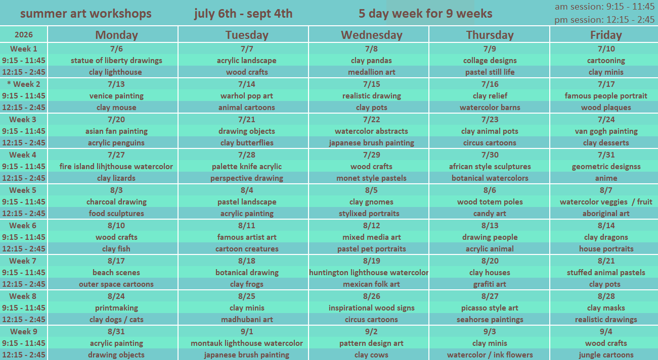 Summer art workshop schedule 2025
