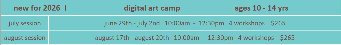 Table about digital art camps for 2026, ages 10-14, on a teal background.
