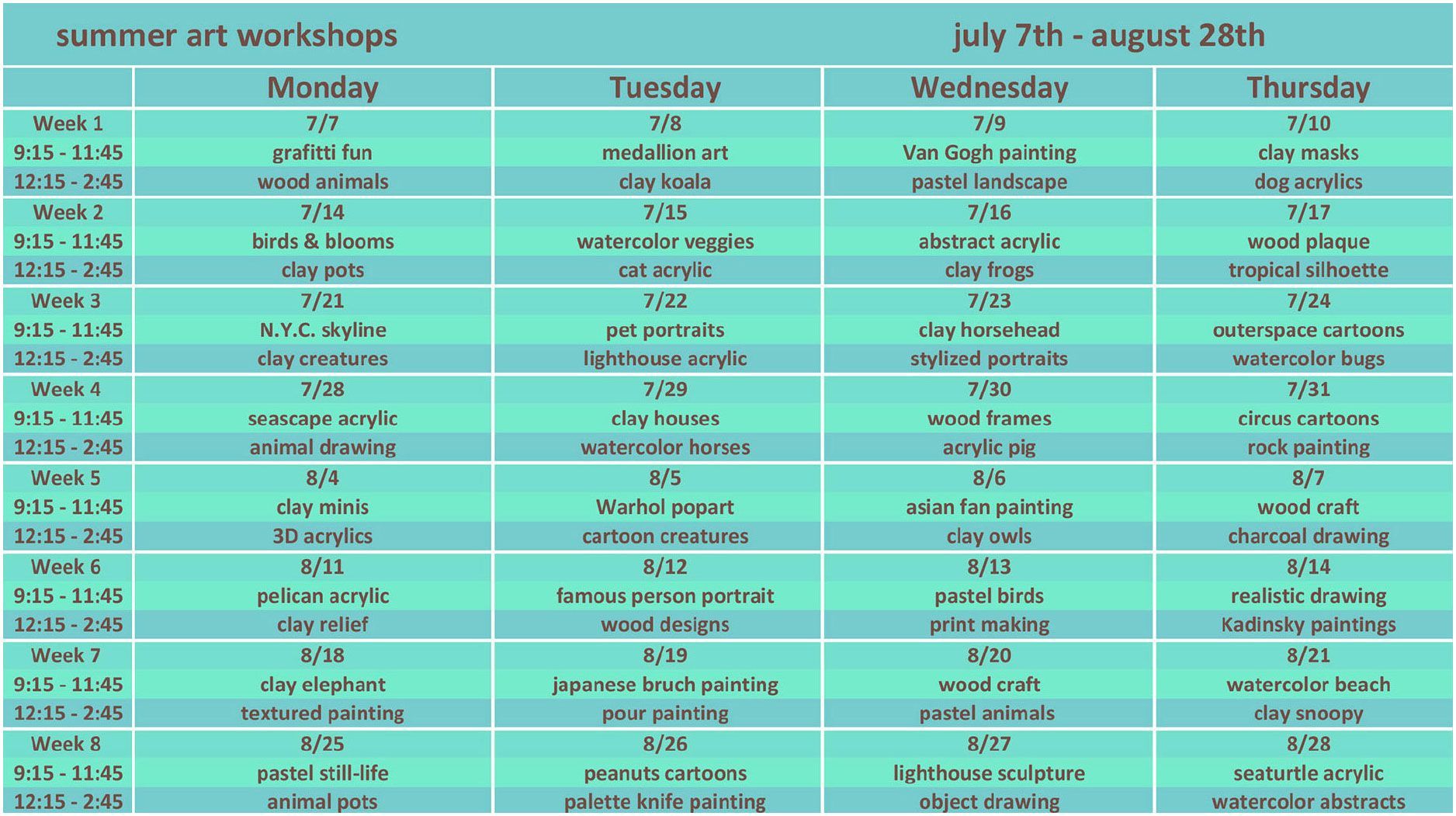 Summer art workshop schedule 2025