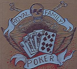 A drawing of a skull and playing cards that says royal family poker