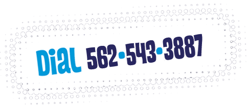 Blue text Dial 562-543-3887 on a white background with a dotted pattern.