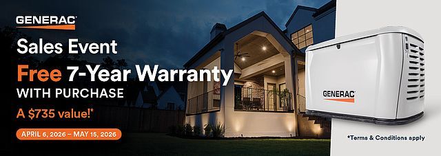 Generac sales event: Get a free 7-year warranty worth $735 with a home generator purchase from April 8 to May 19, 2024.