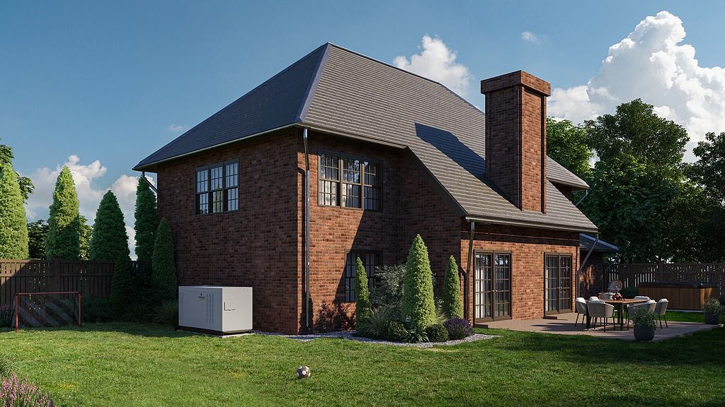 A brick house with a generator in the backyard.