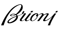 The Brioni brand logo featuring the name in a black, elegant, italicized serif font on a white background.