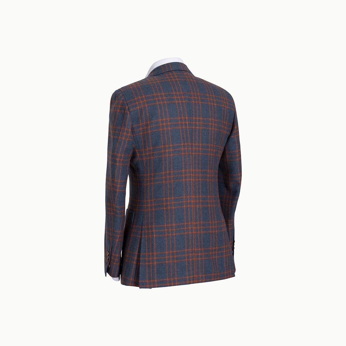 A rear view of a blue blazer with an orange plaid pattern, displayed on a mannequin against a white background.