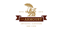 Logo for The Armoury featuring a lion holding an umbrella, with 