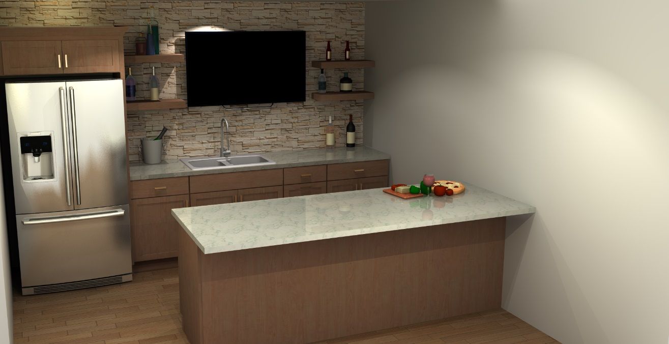 A kitchen with a refrigerator , sink , and television.