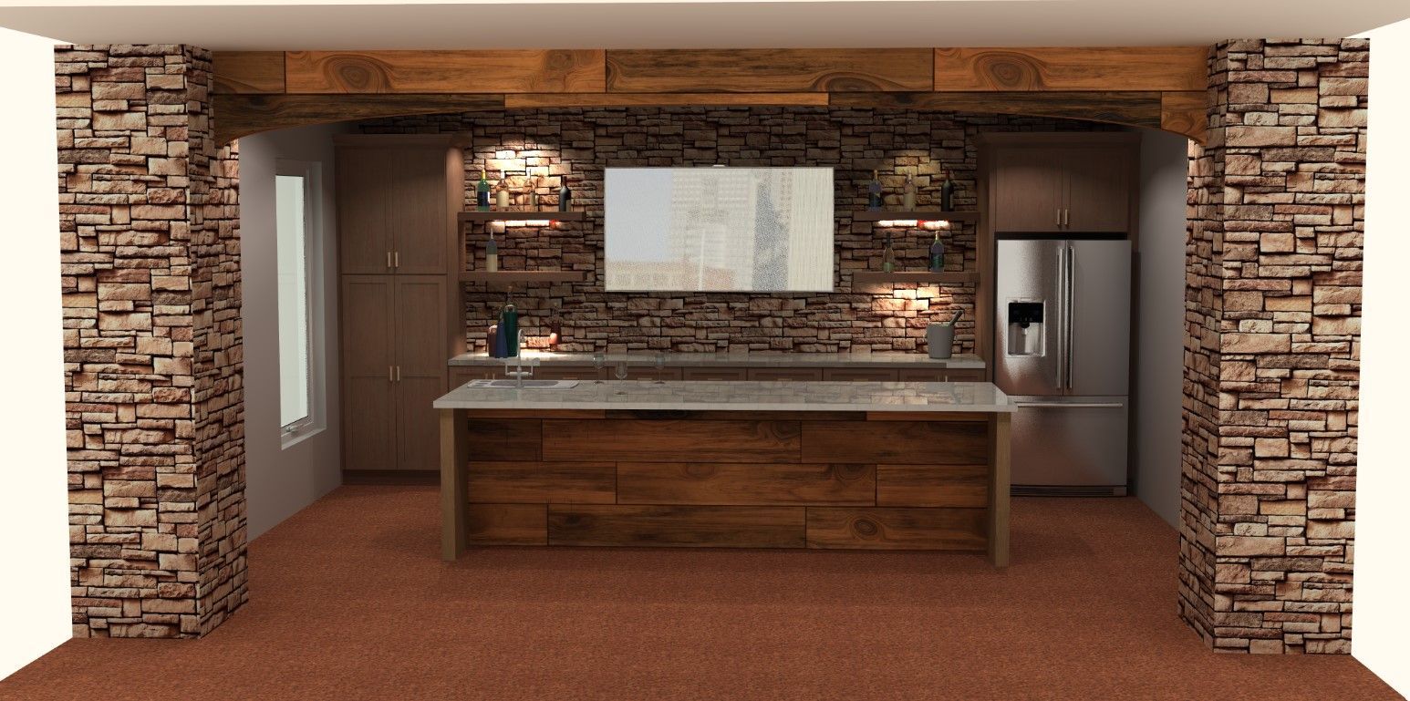 A kitchen with a large island and a stainless steel refrigerator