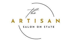 Logo for The Artisan Salon on State in black and gold on a white background