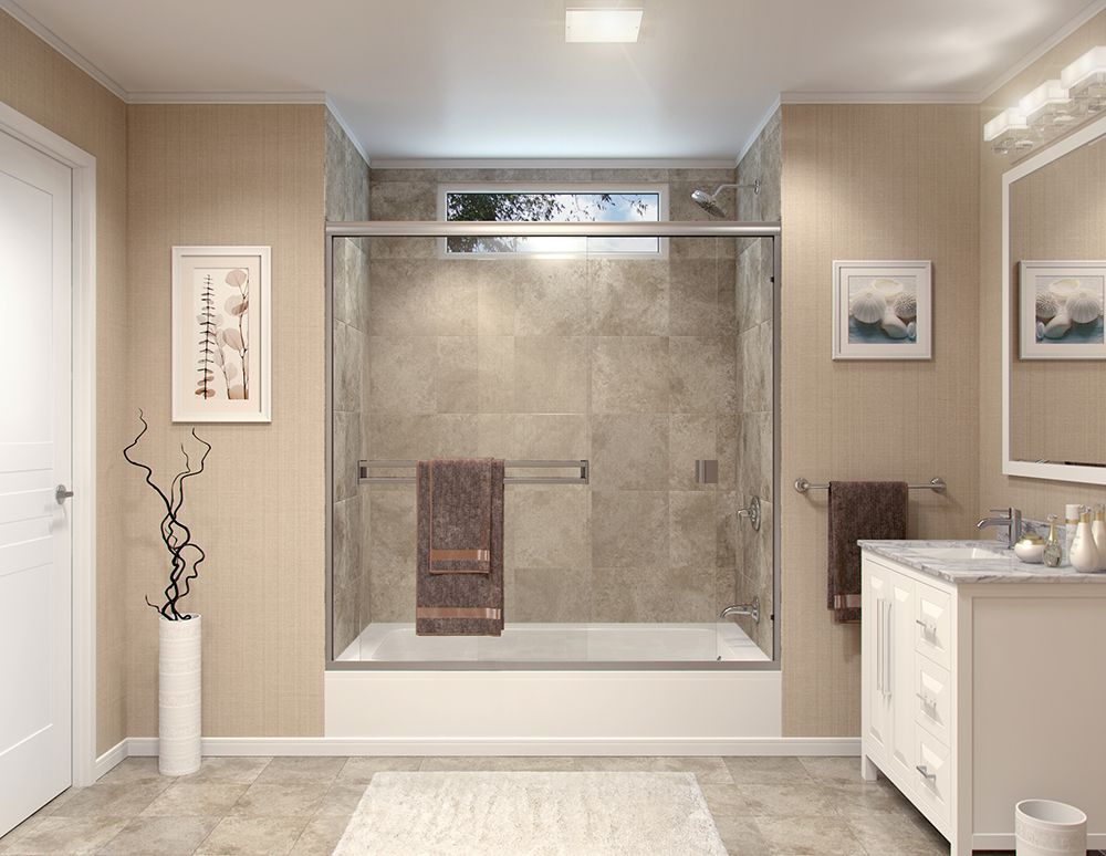 Bathroom with shower, tub, vanity, and neutral color scheme. Beige tile, glass shower doors, and white fixtures.