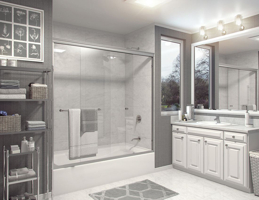 Bathroom with shower, vanity, and shelves; neutral tones.