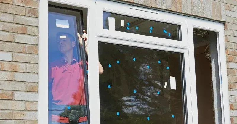 Person installing plastic sheeting on a window. Exterior shot with brick siding.