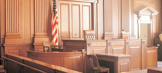 A court room with an American flag
