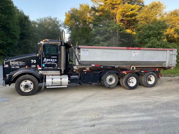 Black dump truck parked on a gravel surface next to trees; the sky is in the background.