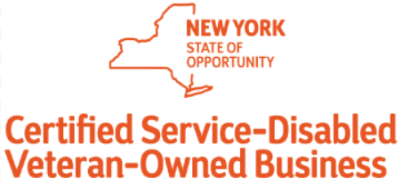 Logo for a Certified Service-Disabled Veteran-Owned Business in New York, featuring the state outline.