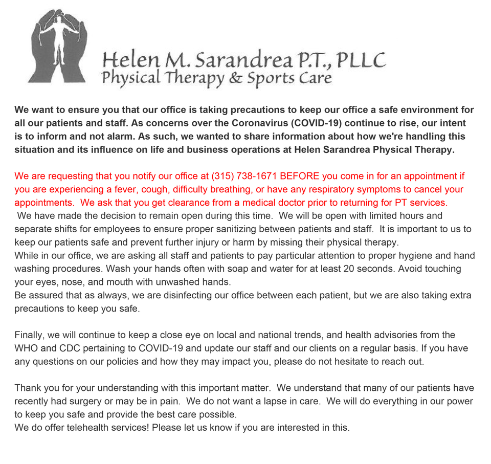 Helen M Sarandrea P T Pllc Orthopedic Care Clinton Ny